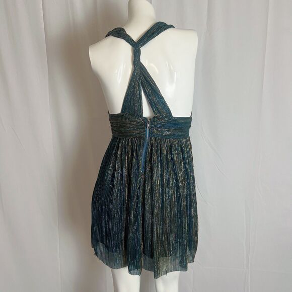 Lulus Ailey Gold and Teal Blue Metallic Skater Dress Women's Size M - Picture 4 of 6